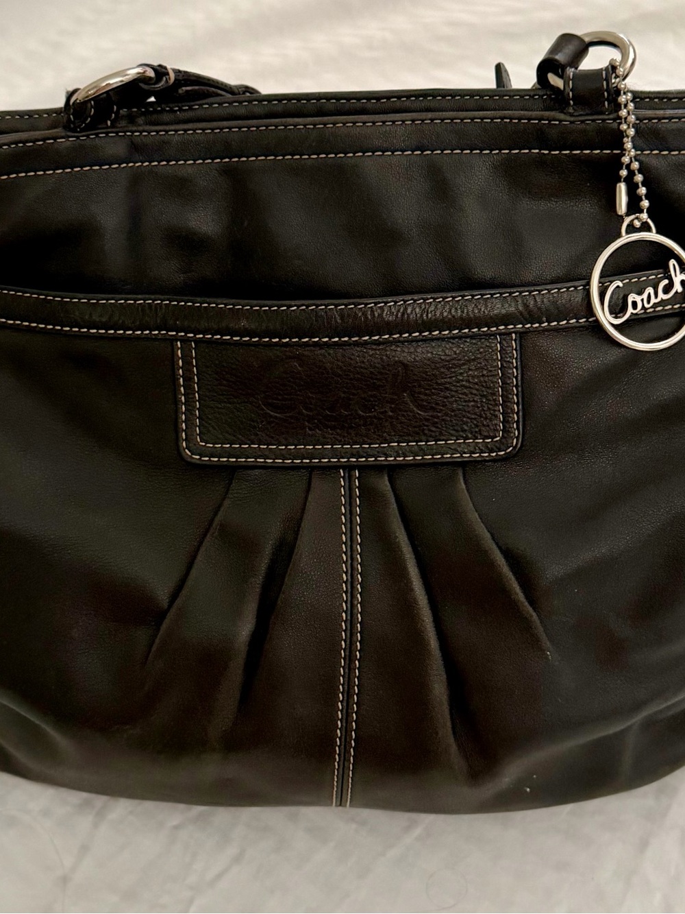 Coach Black Leather Shoulder Bag with Silver Logo Charm